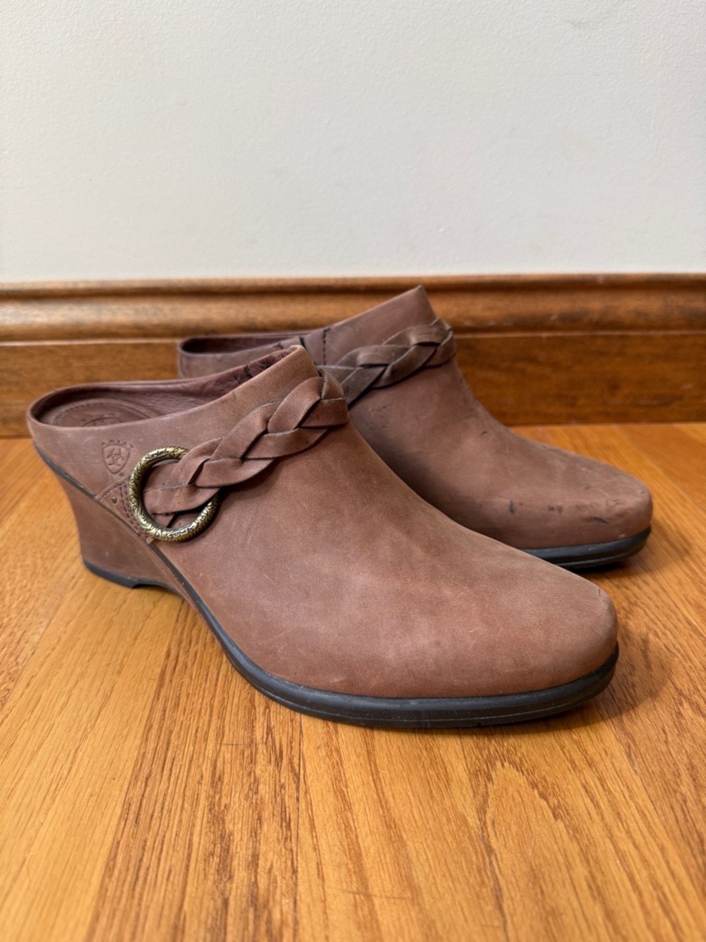 Ariat Braided Brown Leather Slip On Mule Clog Style 20962 Western Wedge Size 10B - Picture 13 of 13